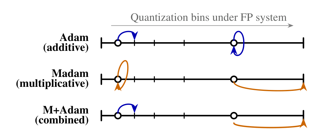 Comparison of additive, multiplicative, and combined M+Adam updates on a low-precision floating-point grid